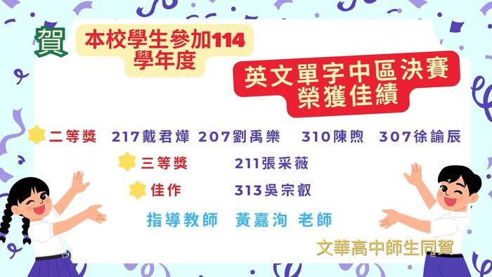 賀!本校同學參加114學年中區英文單字決賽榮獲佳績圖片